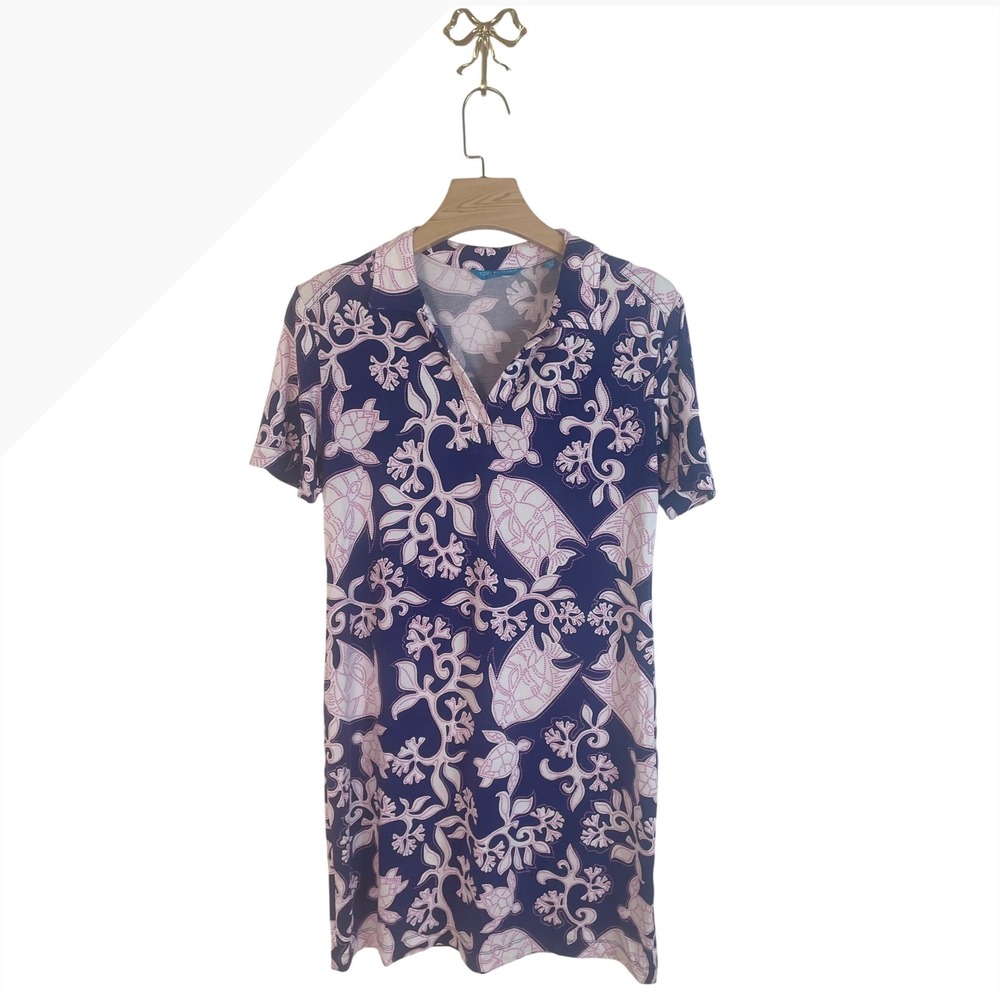 Tori Richard Honolulu Sea Turtle Coral Polo Dress Navy Pink M 7533 WH05